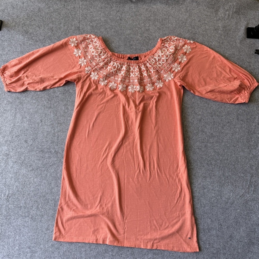 Coral Pink Floral Embroidered Boho Short Sleeve Top Women's Relaxed Small NWT